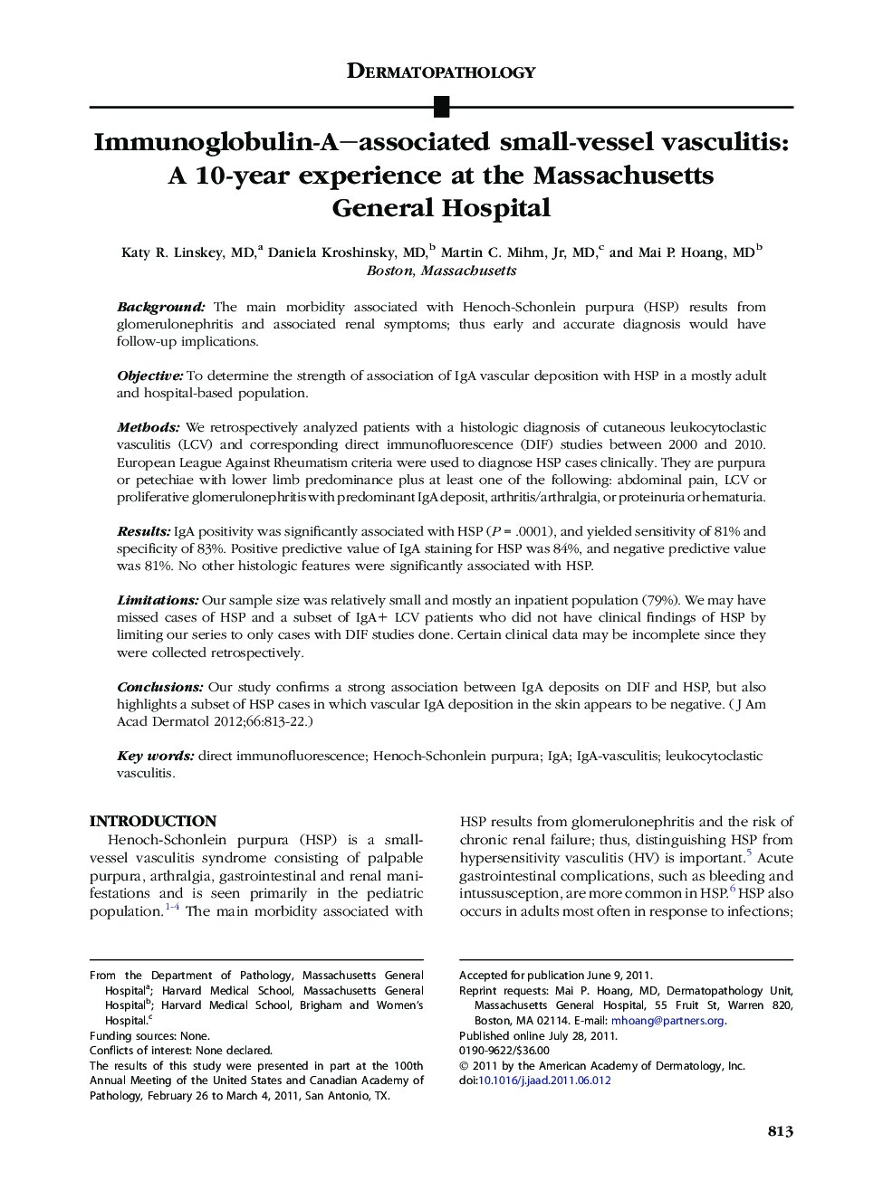 Immunoglobulin-A–associated small-vessel vasculitis: A 10-year experience at the Massachusetts General Hospital 