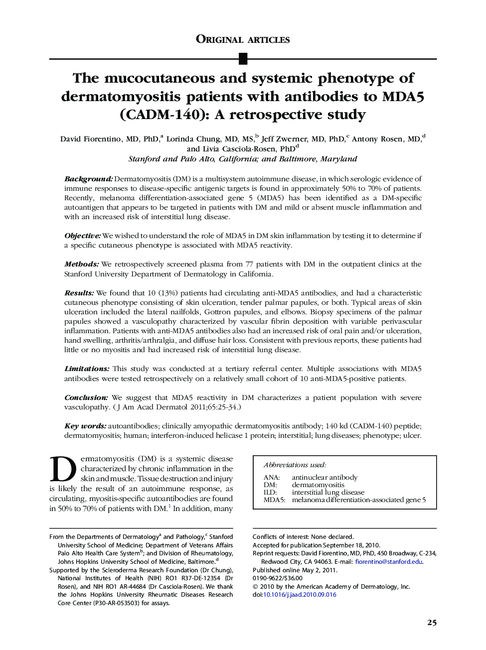 The mucocutaneous and systemic phenotype of dermatomyositis patients with antibodies to MDA5 (CADM-140): A retrospective study 