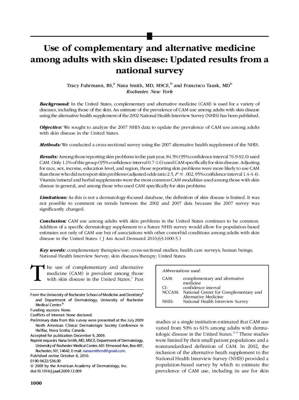 Use of complementary and alternative medicine among adults with skin disease: Updated results from a national survey 