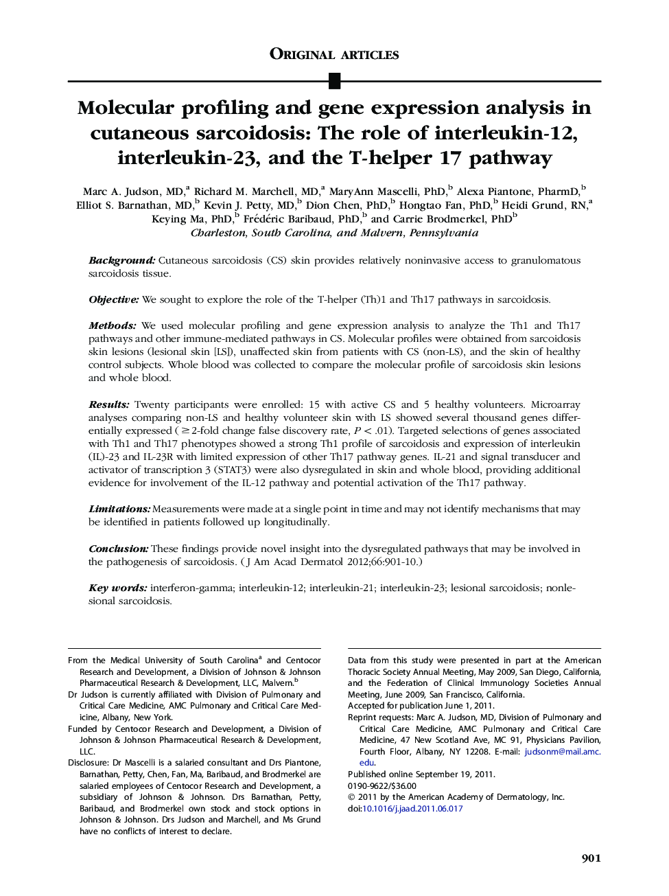 Molecular profiling and gene expression analysis in cutaneous sarcoidosis: The role of interleukin-12, interleukin-23, and theÂ T-helper 17 pathway