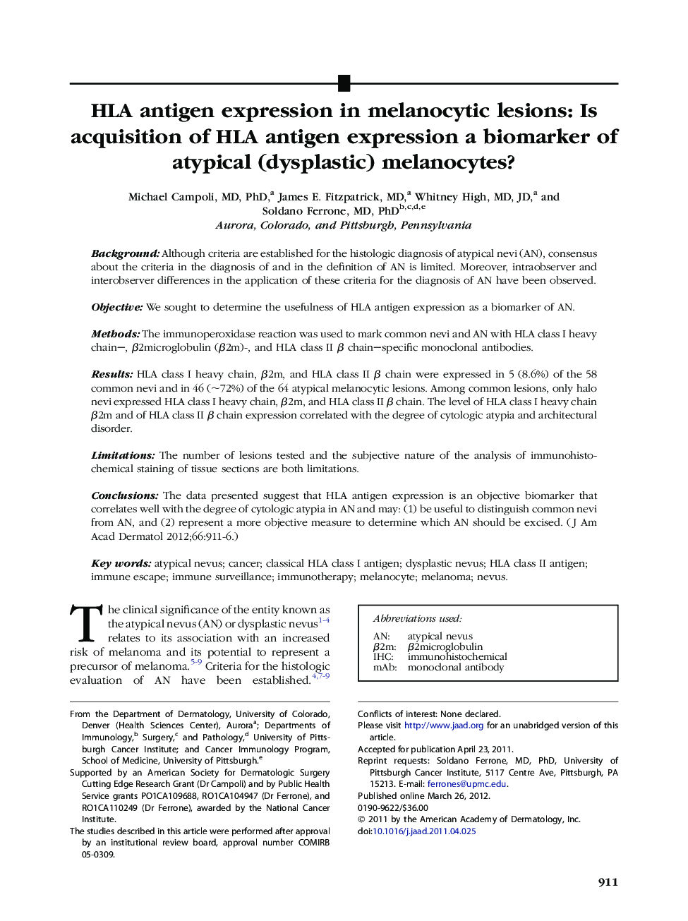 HLA antigen expression in melanocytic lesions: Is acquisition of HLA antigen expression a biomarker of atypical (dysplastic) melanocytes?