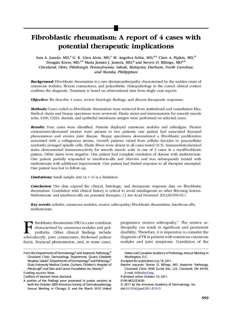 Fibroblastic rheumatism: A report of 4 cases with potential therapeutic implications 