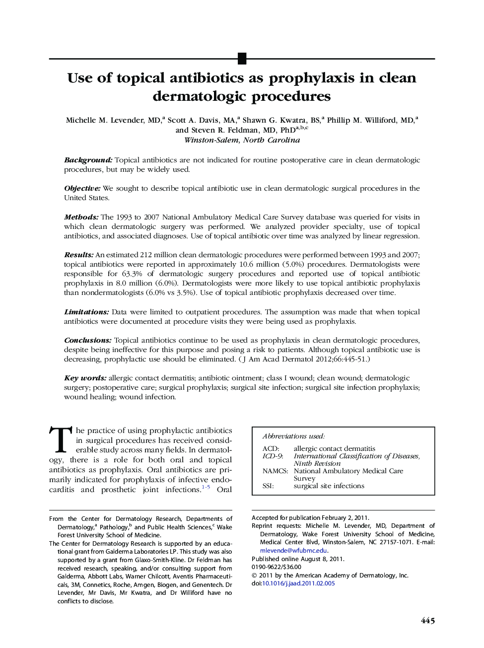 Use of topical antibiotics as prophylaxis in clean dermatologic procedures