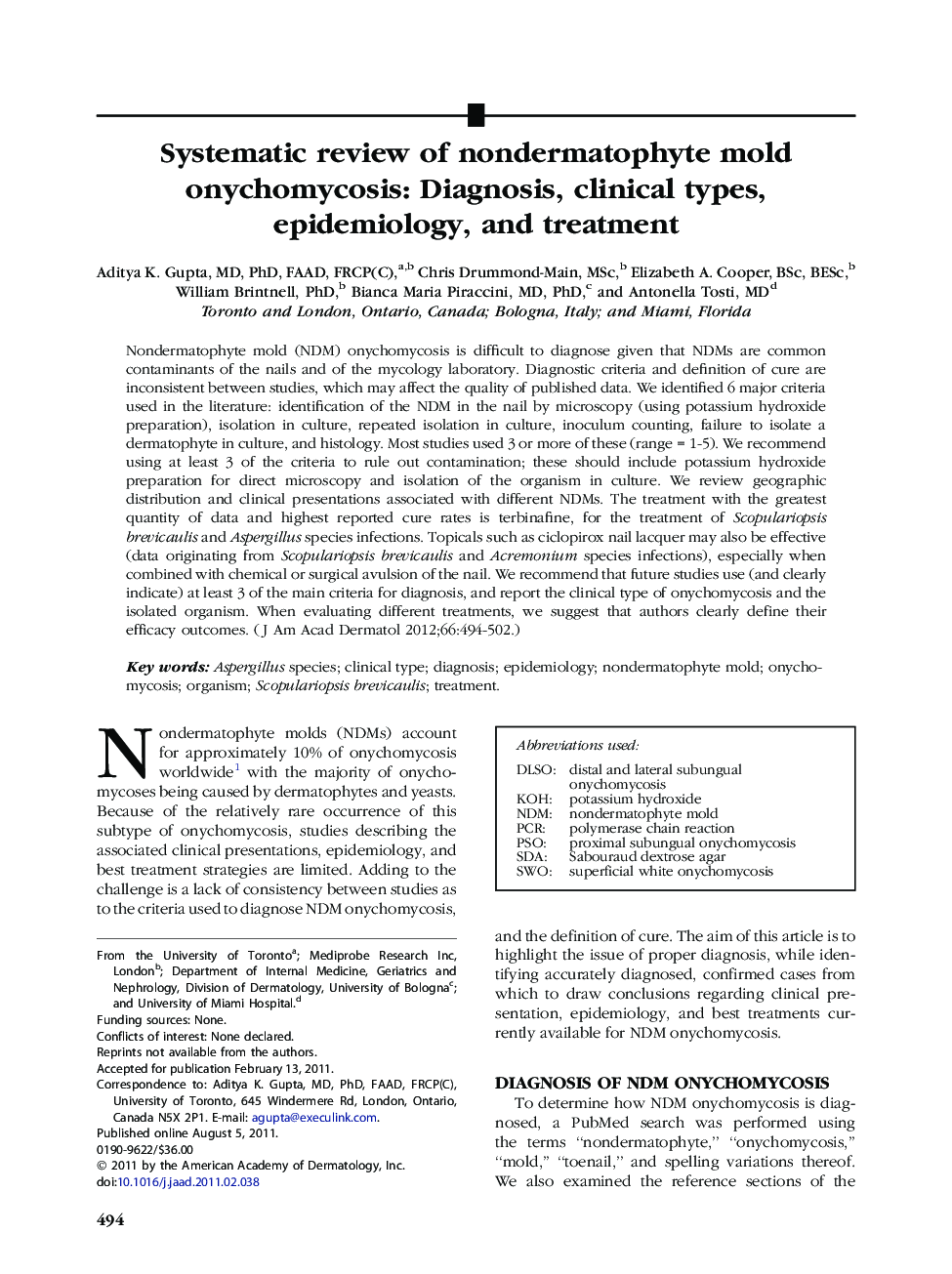 Systematic review of nondermatophyte mold onychomycosis: Diagnosis, clinical types, epidemiology, and treatment 