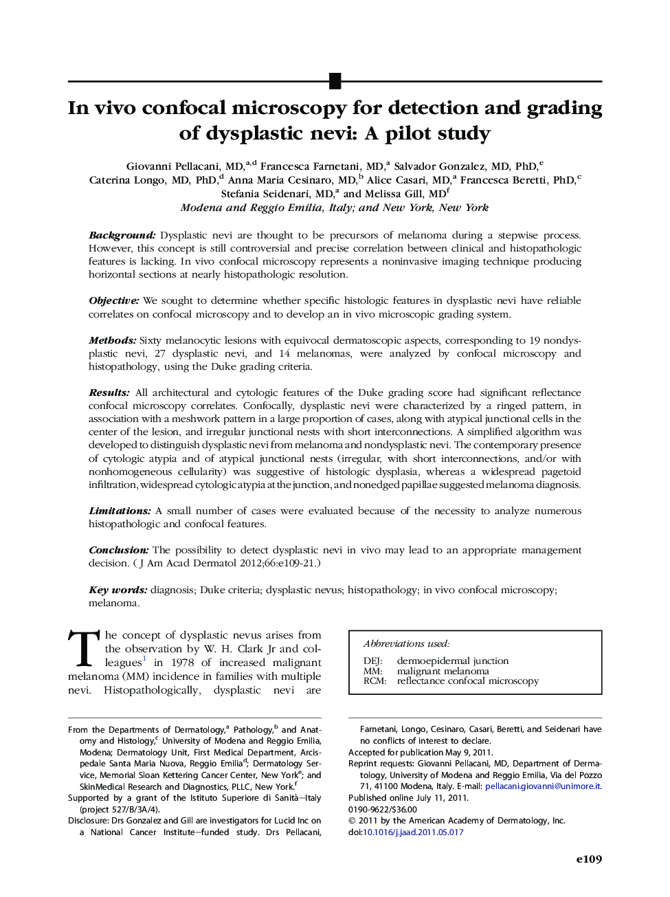 In vivo confocal microscopy for detection and grading of dysplastic nevi: A pilot study 