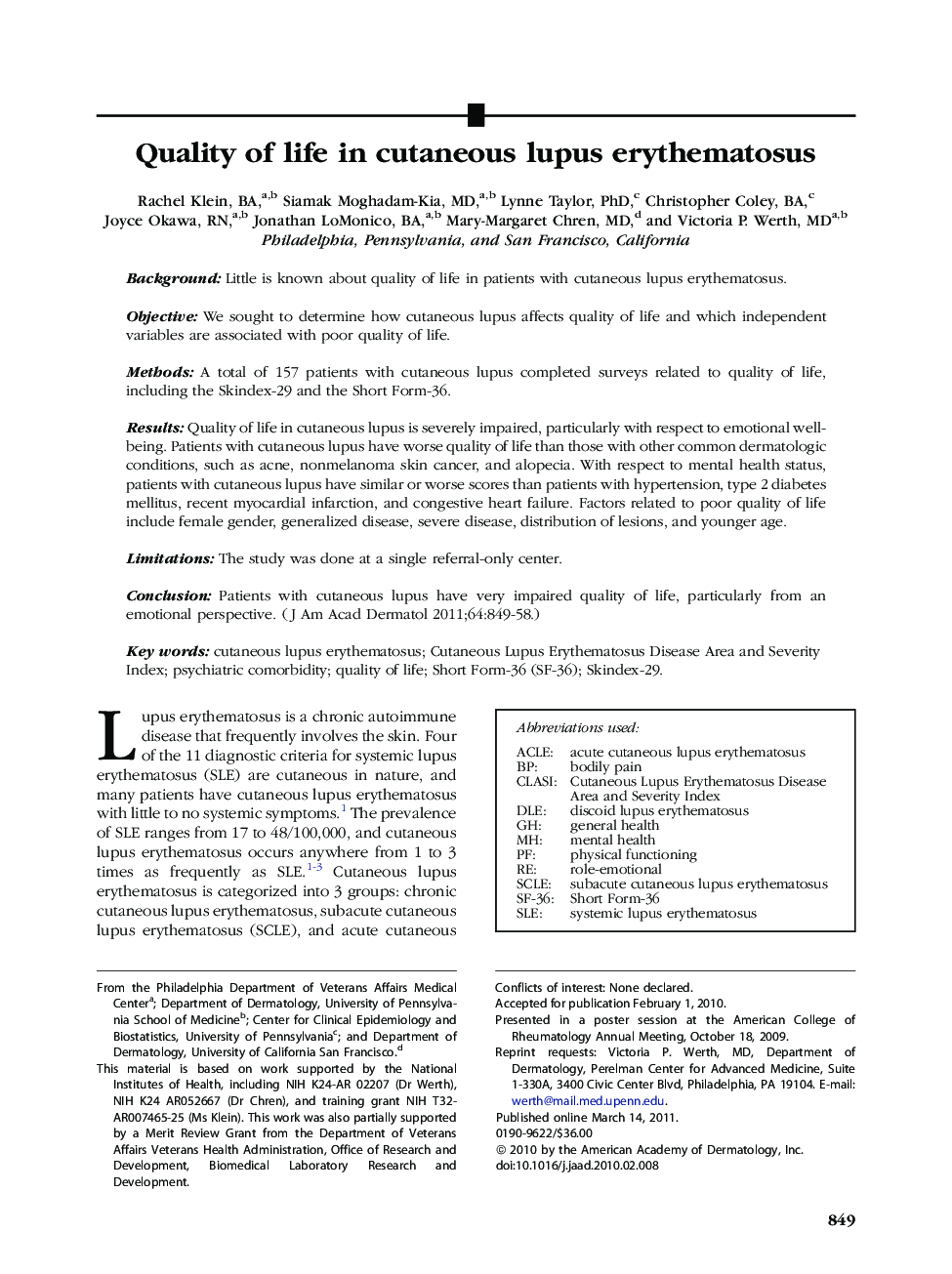 Quality of life in cutaneous lupus erythematosus 