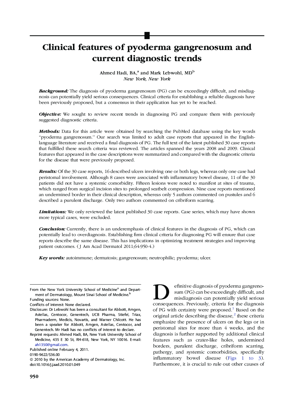 Clinical features of pyoderma gangrenosum and current diagnostic trends