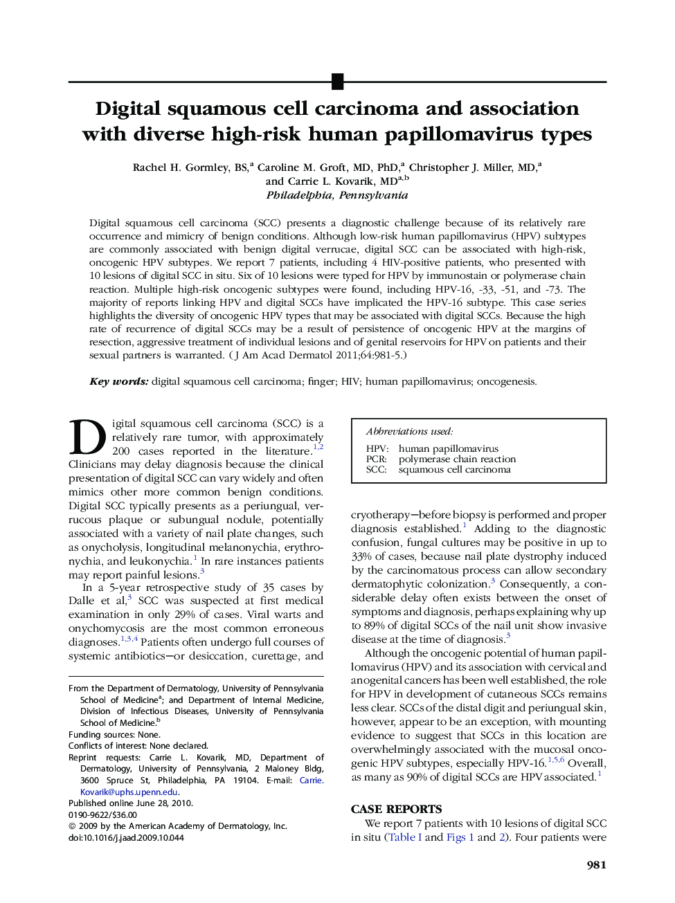 Digital squamous cell carcinoma and association with diverse high-risk human papillomavirus types 