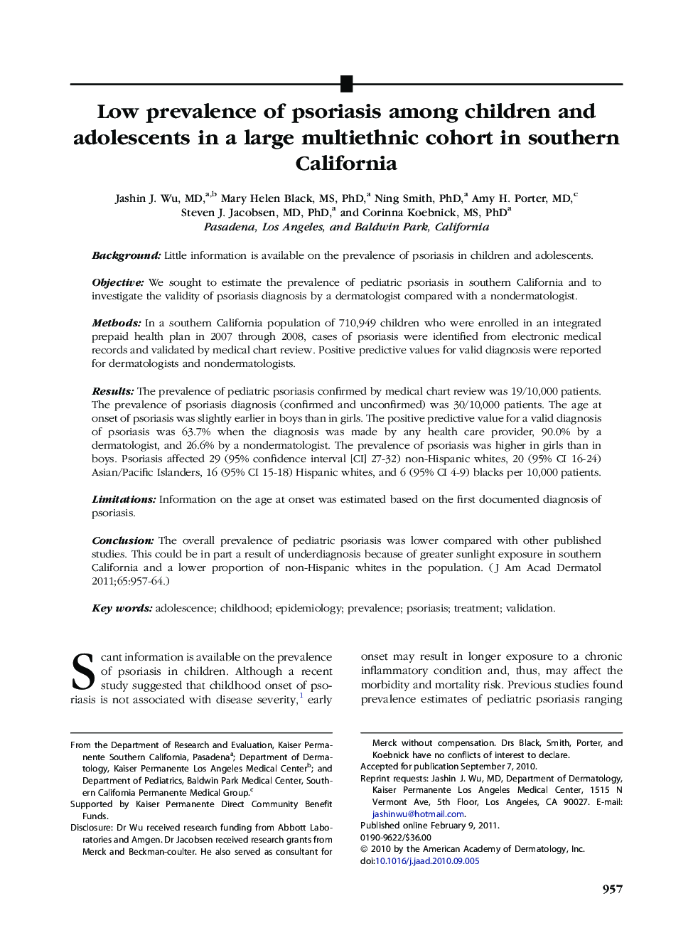 Low prevalence of psoriasis among children and adolescents in a large multiethnic cohort in southern California 