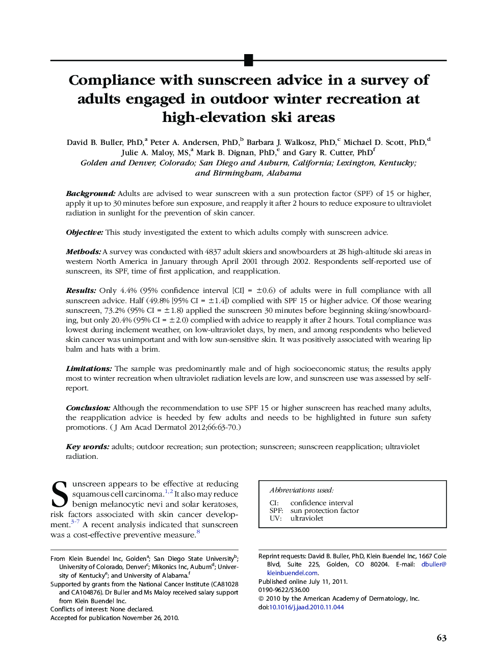 Compliance with sunscreen advice in a survey of adults engaged in outdoor winter recreation at high-elevation ski areas 