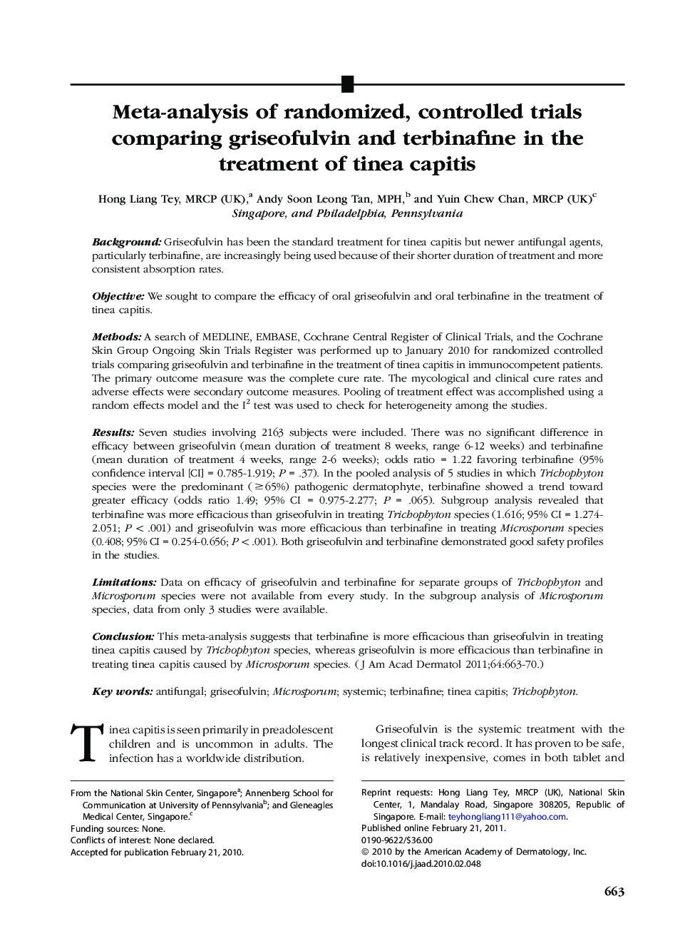 Meta-analysis of randomized, controlled trials comparing griseofulvin and terbinafine in the treatment of tinea capitis 