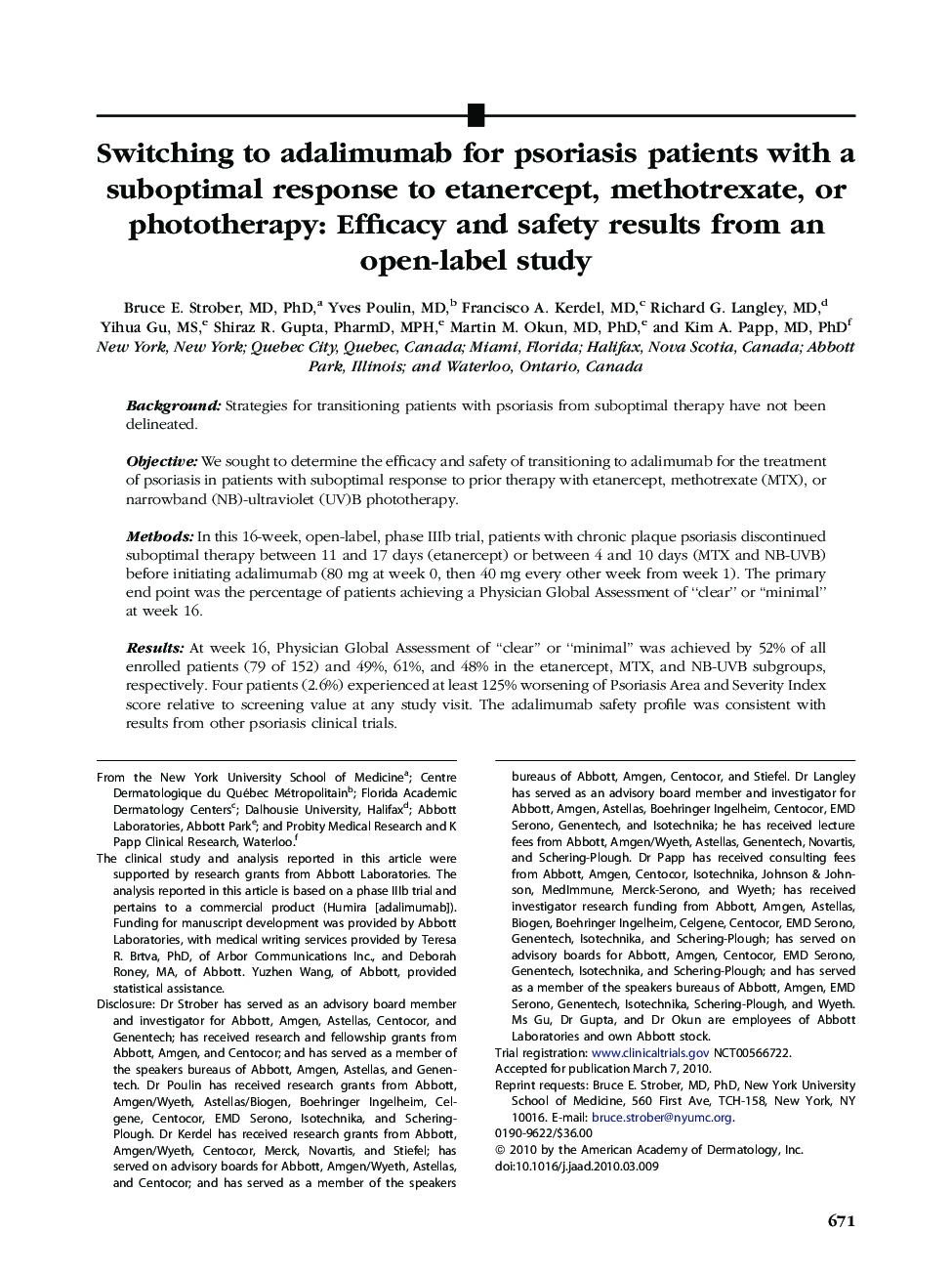 Switching to adalimumab for psoriasis patients with a suboptimal response to etanercept, methotrexate, or phototherapy: Efficacy and safety results from an open-label study 