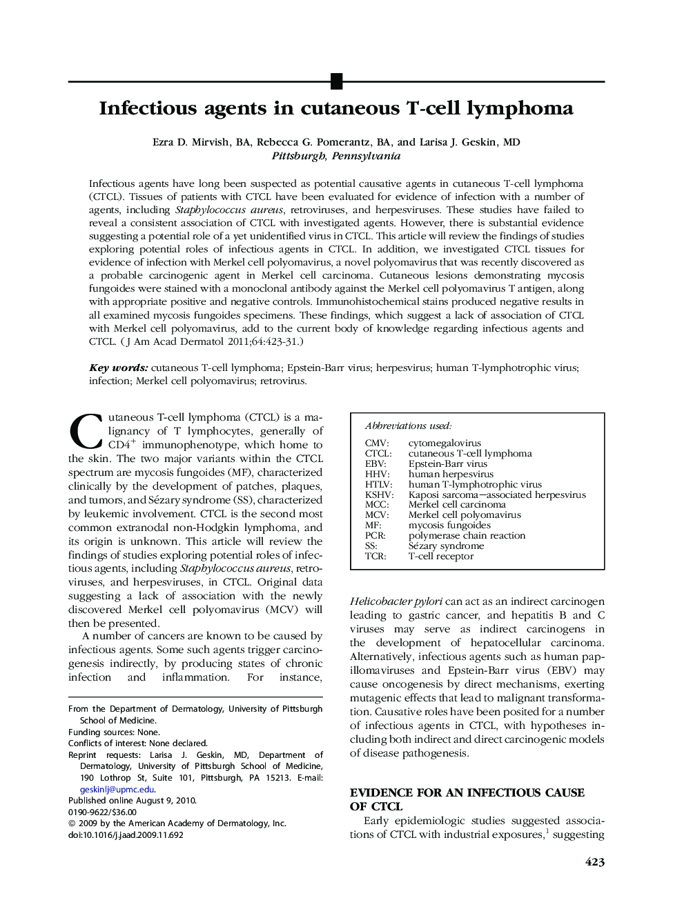 Infectious agents in cutaneous T-cell lymphoma 