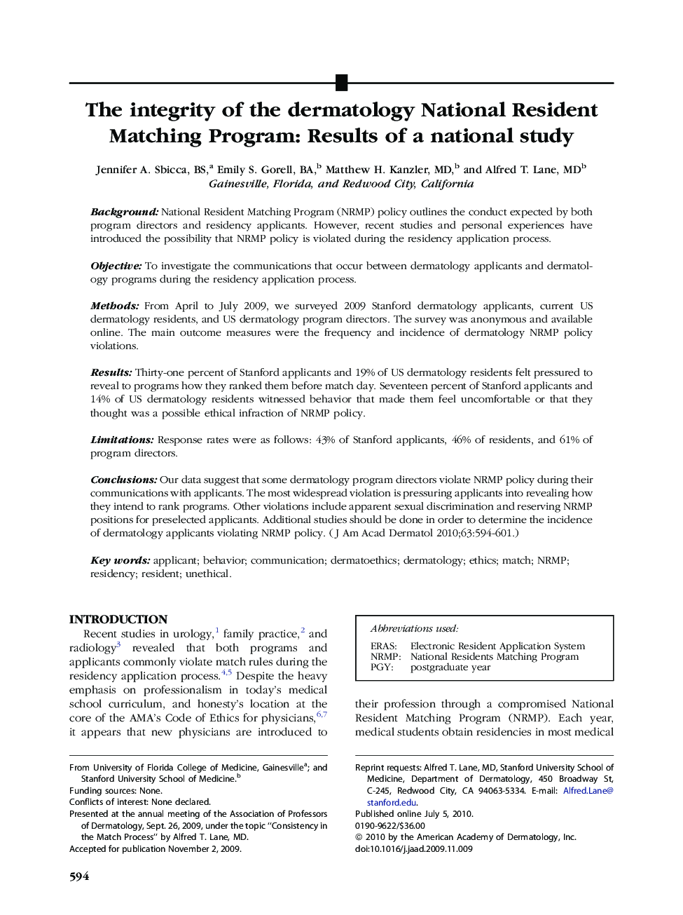 The integrity of the dermatology National Resident Matching Program: Results of a national study 
