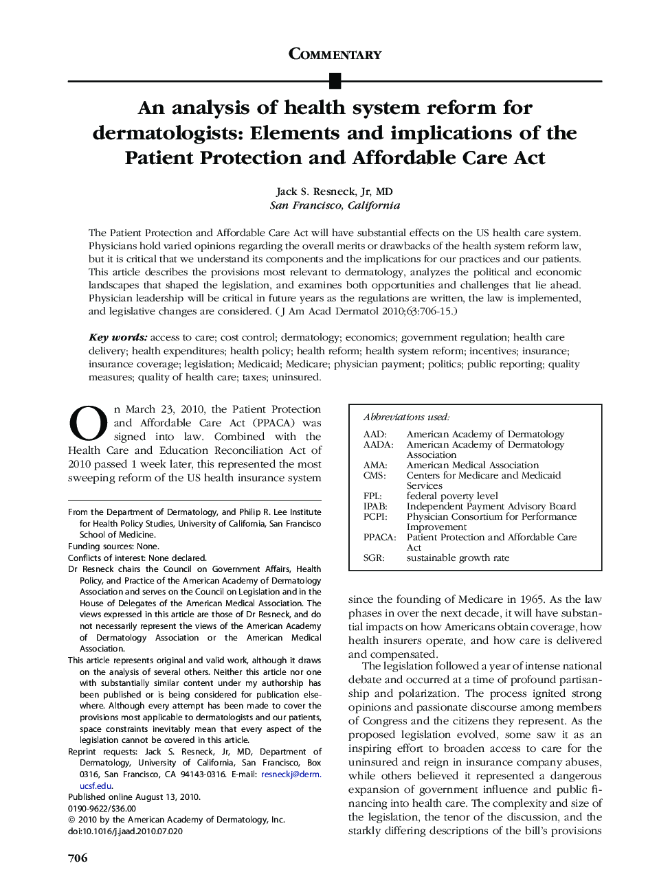 An analysis of health system reform for dermatologists: Elements and implications of the Patient Protection and Affordable Care Act 