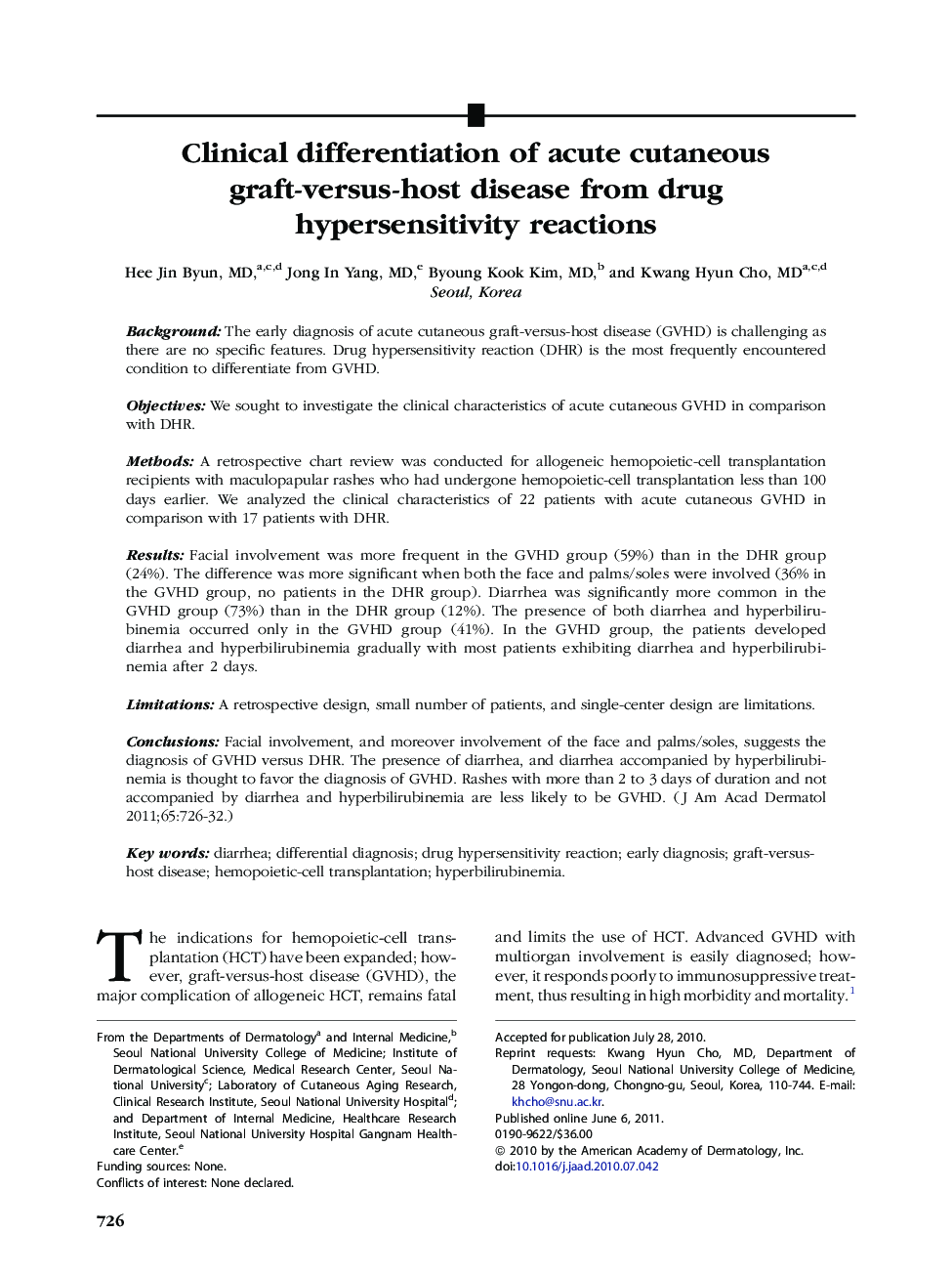 Clinical differentiation of acute cutaneous graft-versus-host disease from drug hypersensitivity reactions 