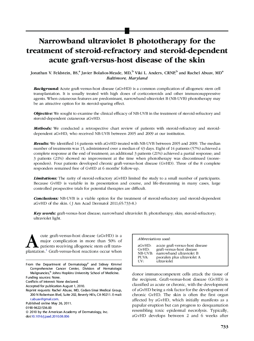 Narrowband ultraviolet B phototherapy for the treatment of steroid-refractory and steroid-dependent acute graft-versus-host disease of the skin 