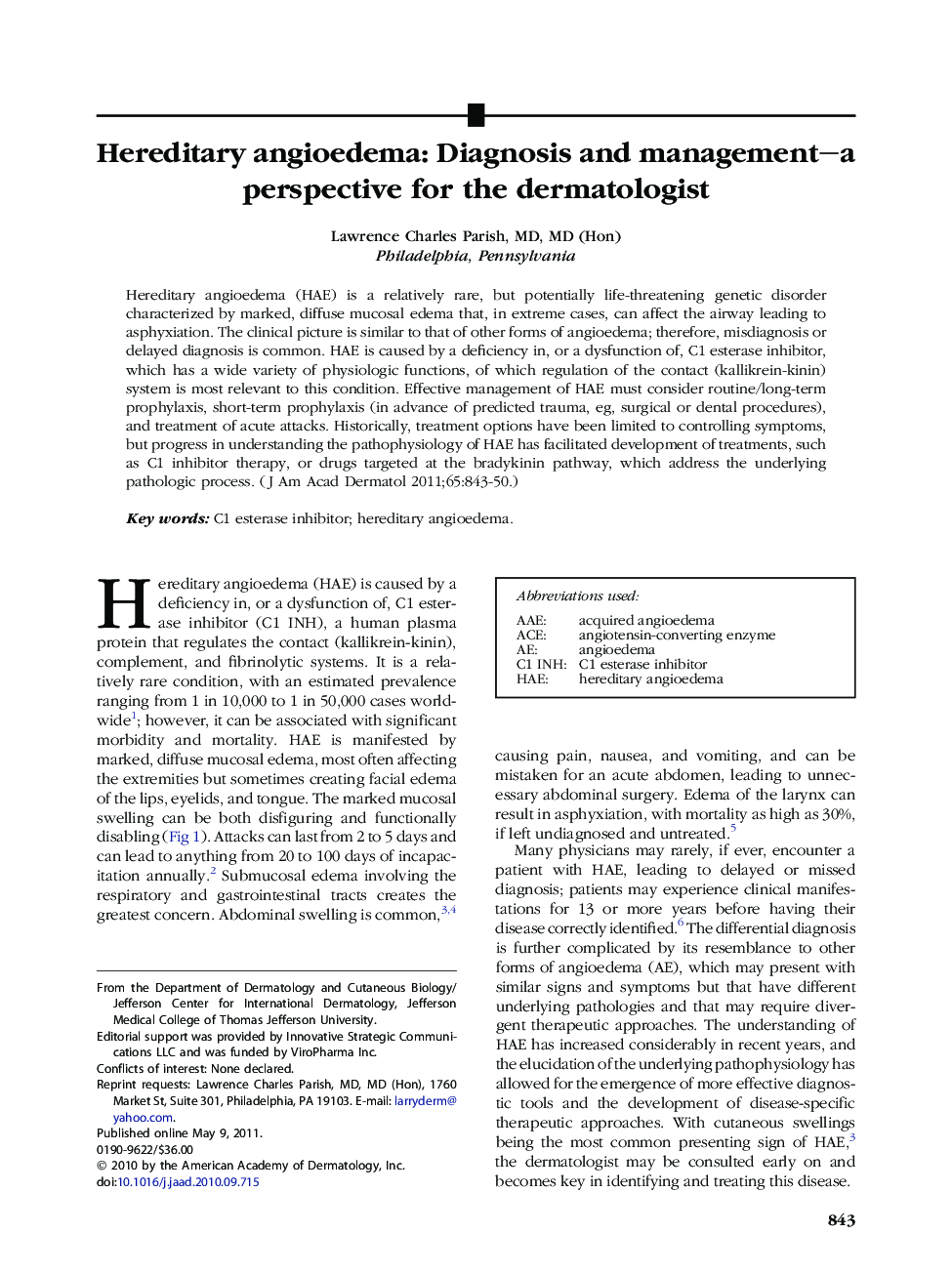 Hereditary angioedema: Diagnosis and management–a perspective for the dermatologist 