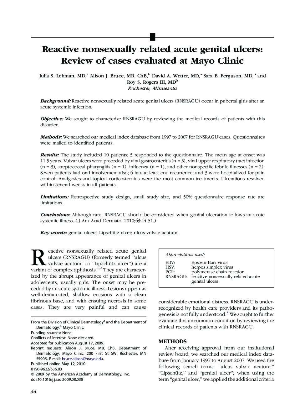 Reactive nonsexually related acute genital ulcers: Review of cases evaluated at Mayo Clinic 