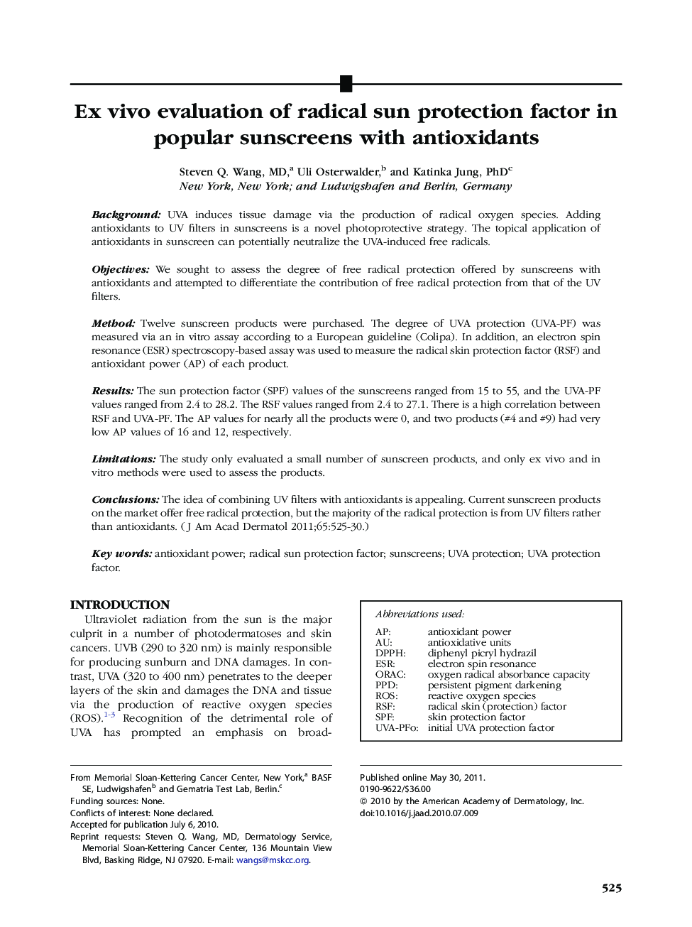 Ex vivo evaluation of radical sun protection factor in popular sunscreens with antioxidants 