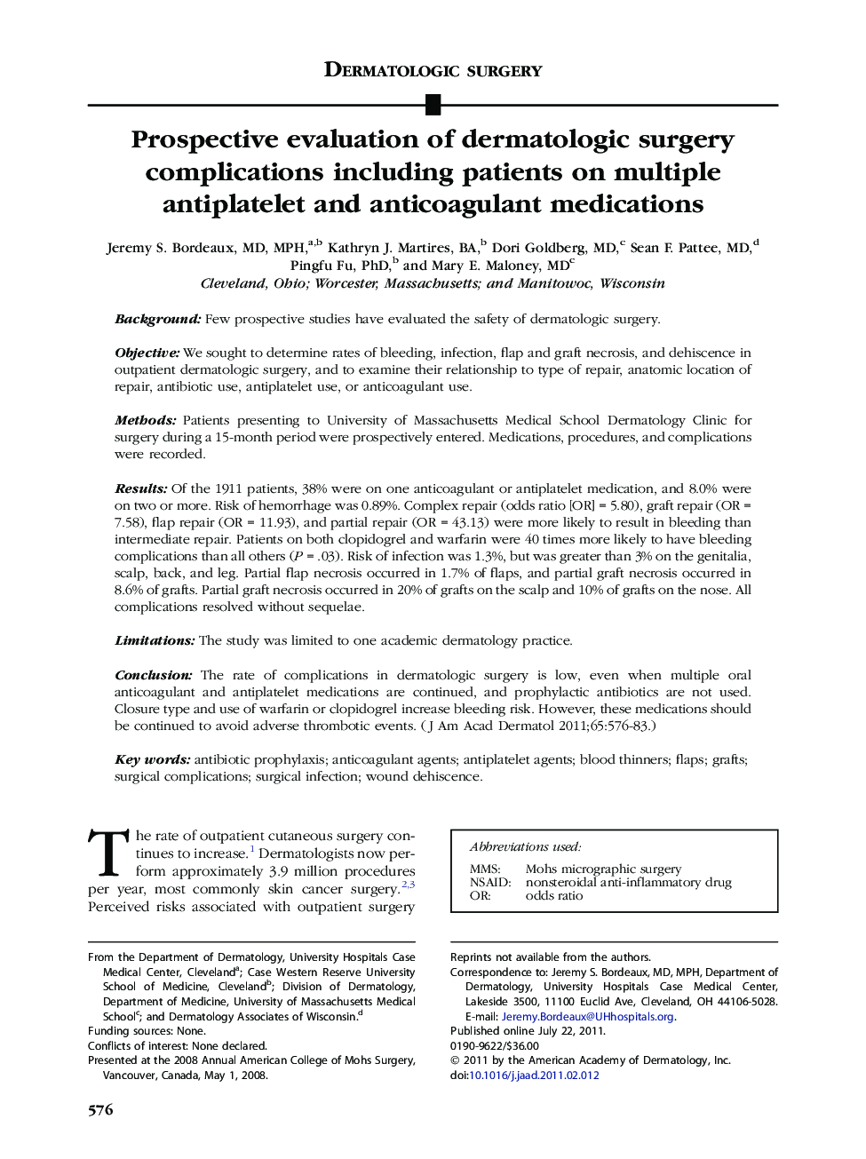 Prospective evaluation of dermatologic surgery complications including patients on multiple antiplatelet and anticoagulant medications 