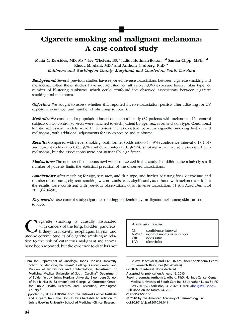 Cigarette smoking and malignant melanoma: A case-control study 