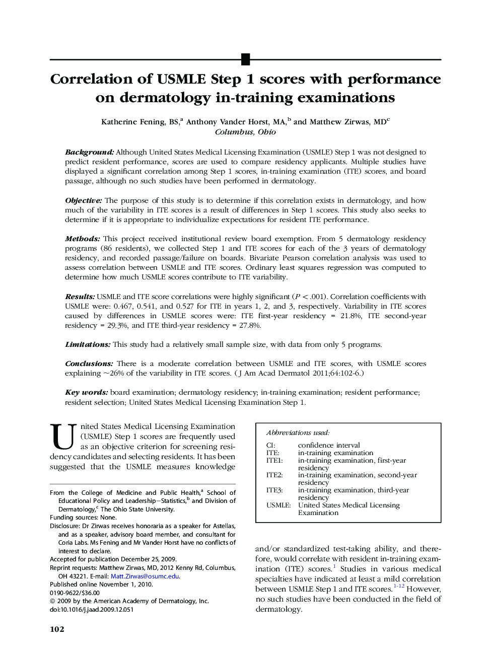 Correlation of USMLE Step 1 scores with performance on dermatology in-training examinations 