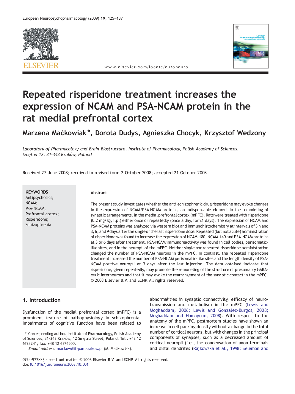 Repeated risperidone treatment increases the expression of NCAM and PSA-NCAM protein in the rat medial prefrontal cortex