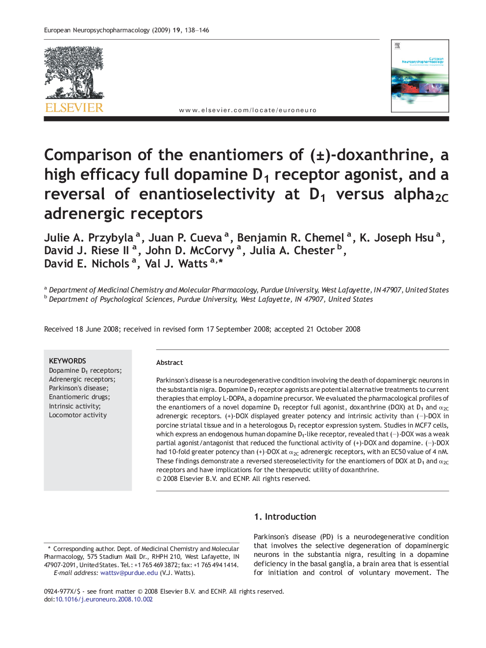 Comparison of the enantiomers of (±)-doxanthrine, a high efficacy full dopamine D1 receptor agonist, and a reversal of enantioselectivity at D1 versus alpha2C adrenergic receptors