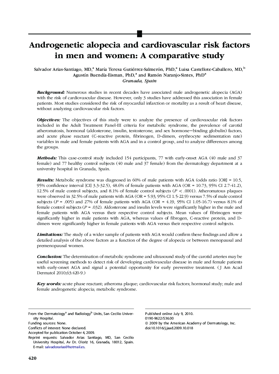 Androgenetic alopecia and cardiovascular risk factors in men and women: A comparative study 