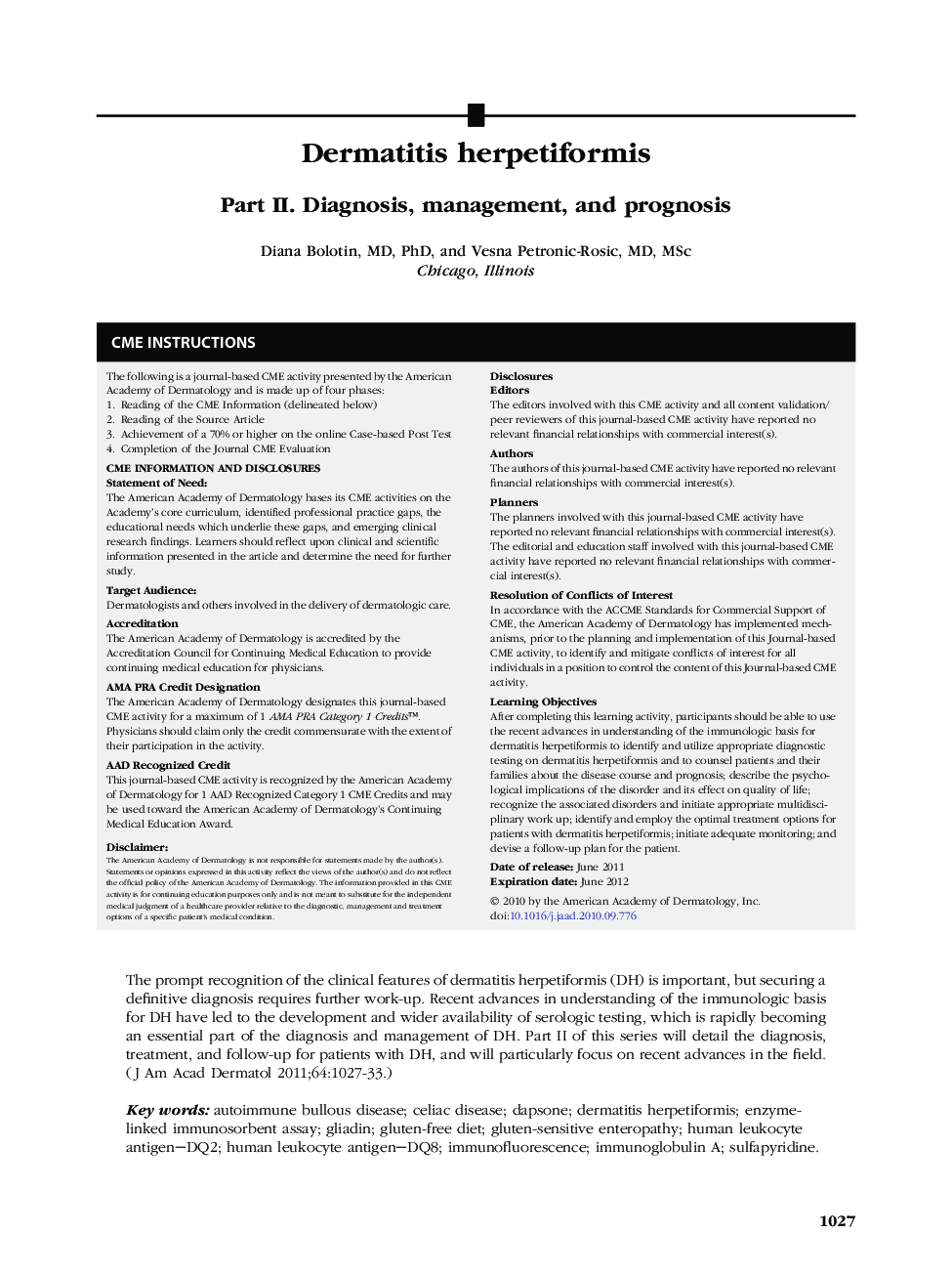 Dermatitis herpetiformis : Part II. Diagnosis, management, and prognosis