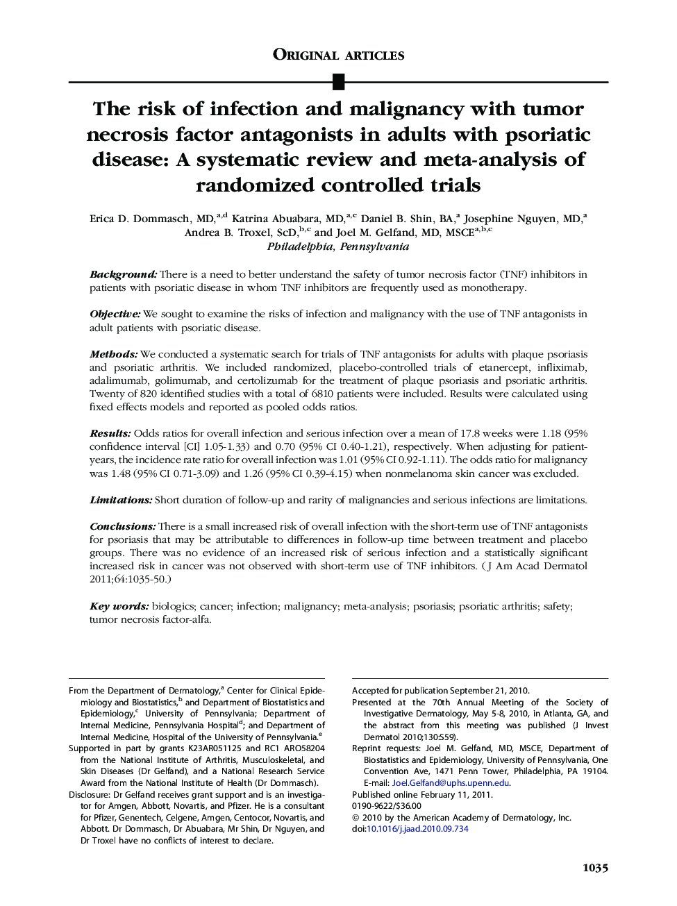 The risk of infection and malignancy with tumor necrosis factor antagonists in adults with psoriatic disease: A systematic review and meta-analysis of randomized controlled trials 