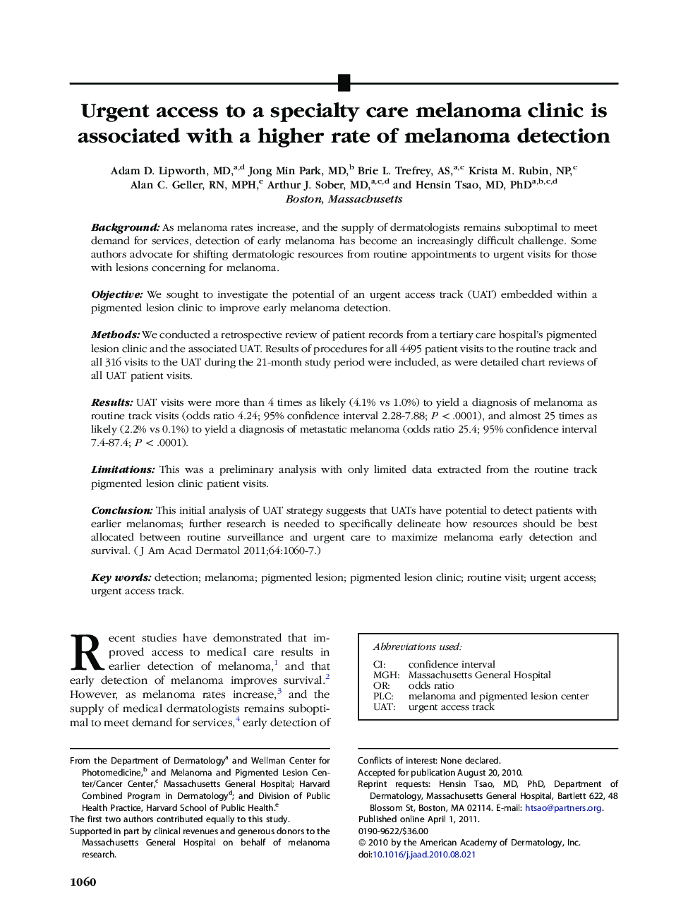 Urgent access to a specialty care melanoma clinic is associated with a higher rate of melanoma detection 