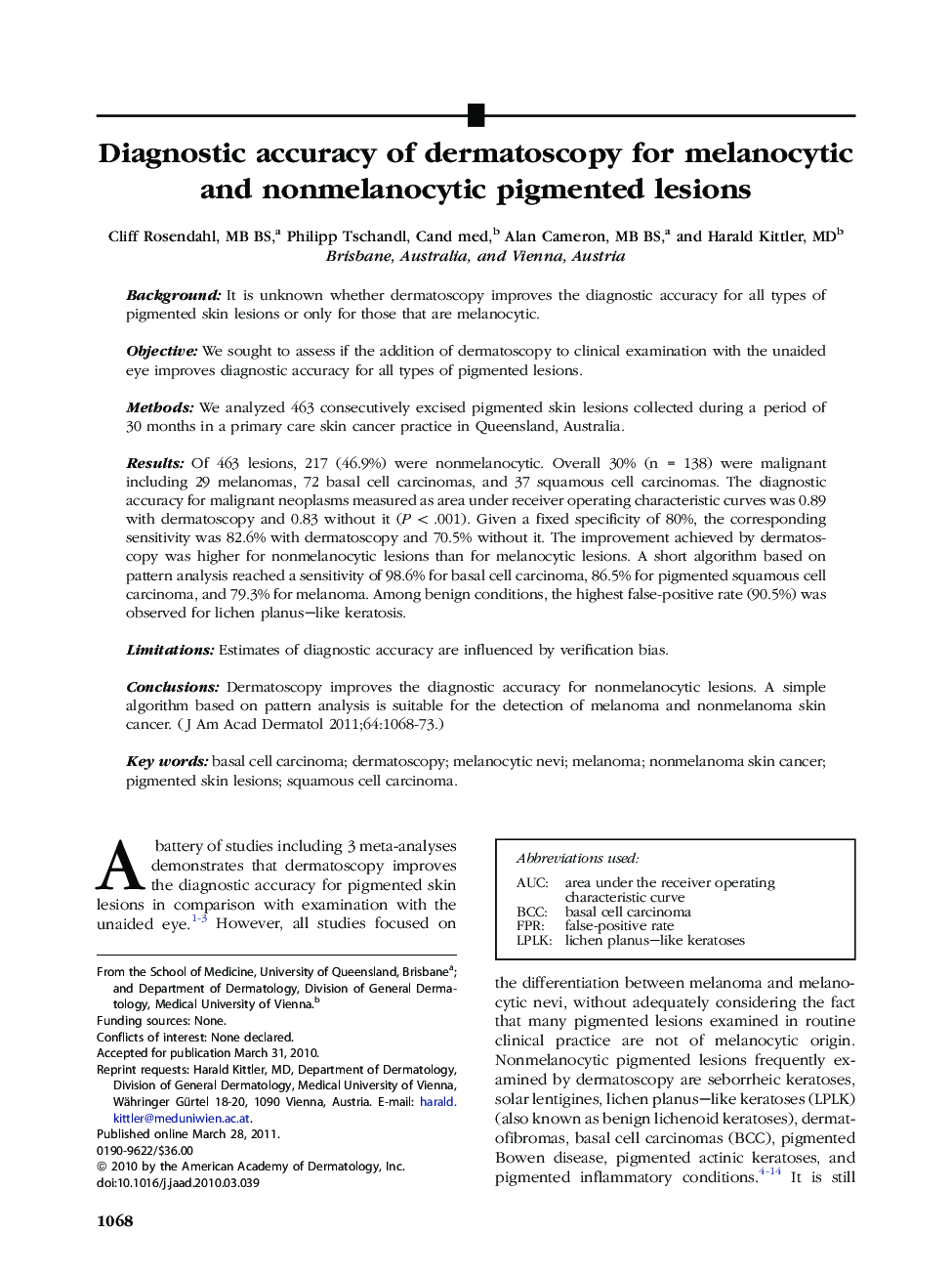 Diagnostic accuracy of dermatoscopy for melanocytic and nonmelanocytic pigmented lesions 