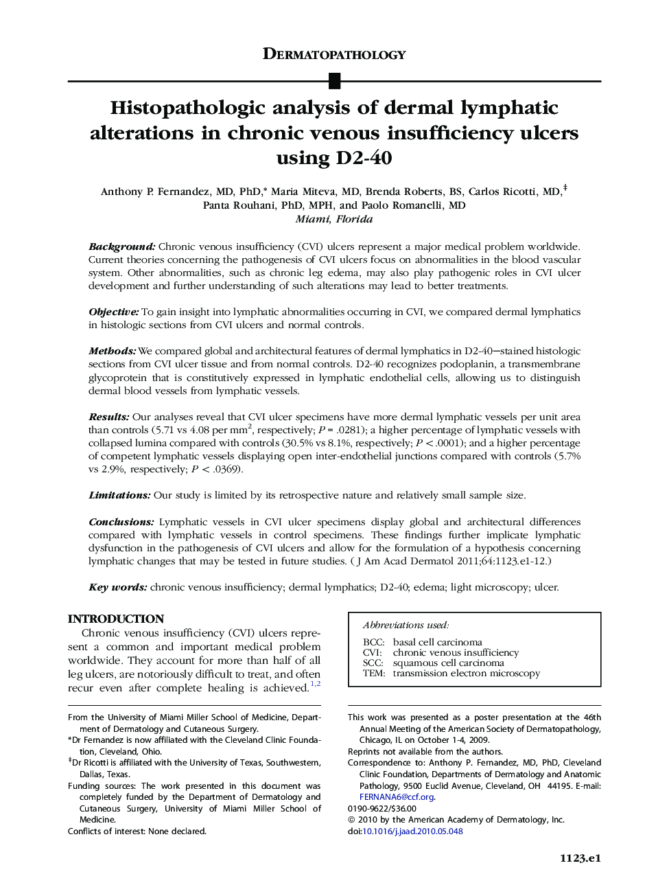 Histopathologic analysis of dermal lymphatic alterations in chronic venous insufficiency ulcers using D2-40