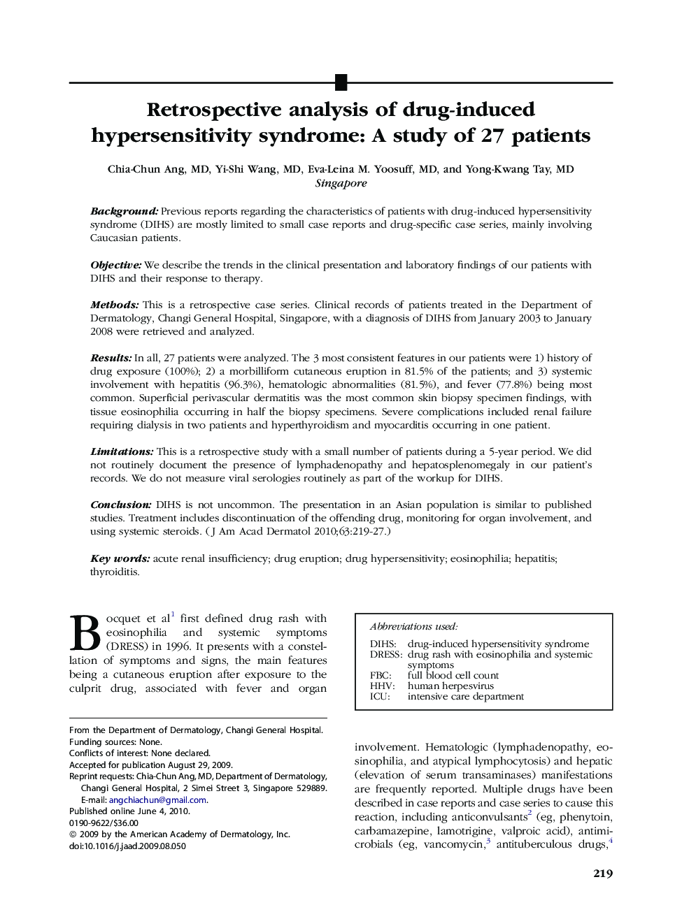 Retrospective analysis of drug-induced hypersensitivity syndrome: A study of 27 patients 