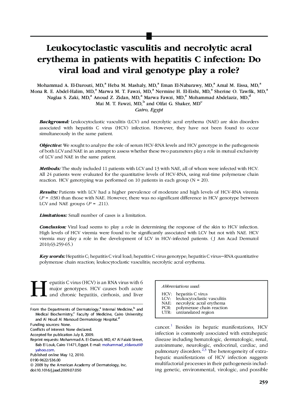 Leukocytoclastic vasculitis and necrolytic acral erythema in patients with hepatitis C infection: Do viral load and viral genotype play a role? 