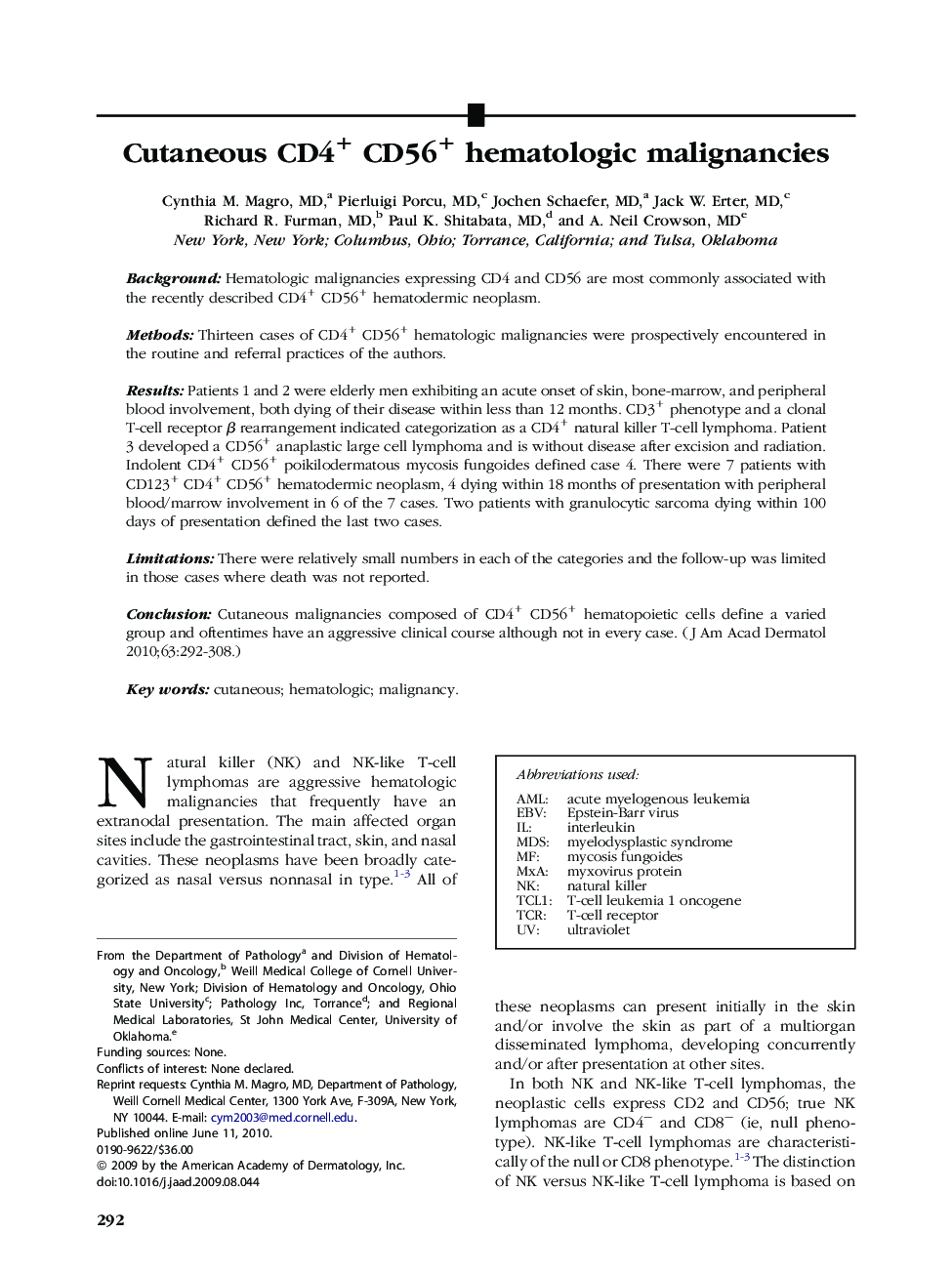 Cutaneous CD4+ CD56+ hematologic malignancies 