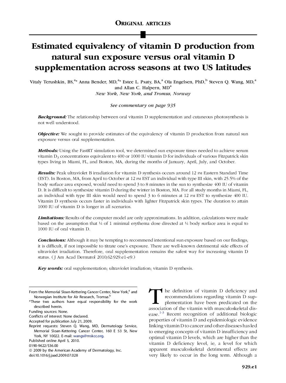 Estimated equivalency of vitamin D production from natural sun exposure versus oral vitamin D supplementation across seasons at two US latitudes