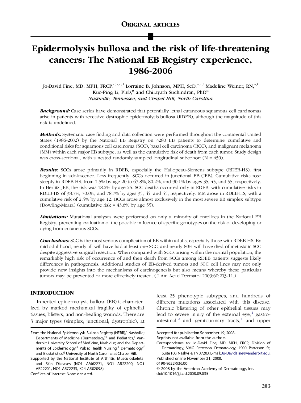 Epidermolysis bullosa and the risk of life-threatening cancers: The National EB Registry experience, 1986-2006 