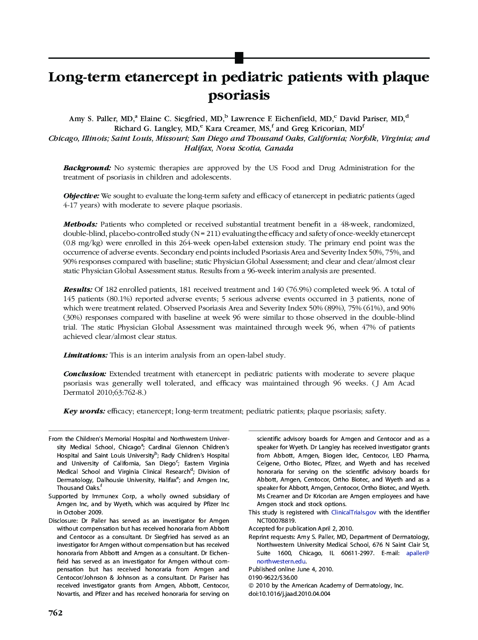 Long-term etanercept in pediatric patients with plaque psoriasis 