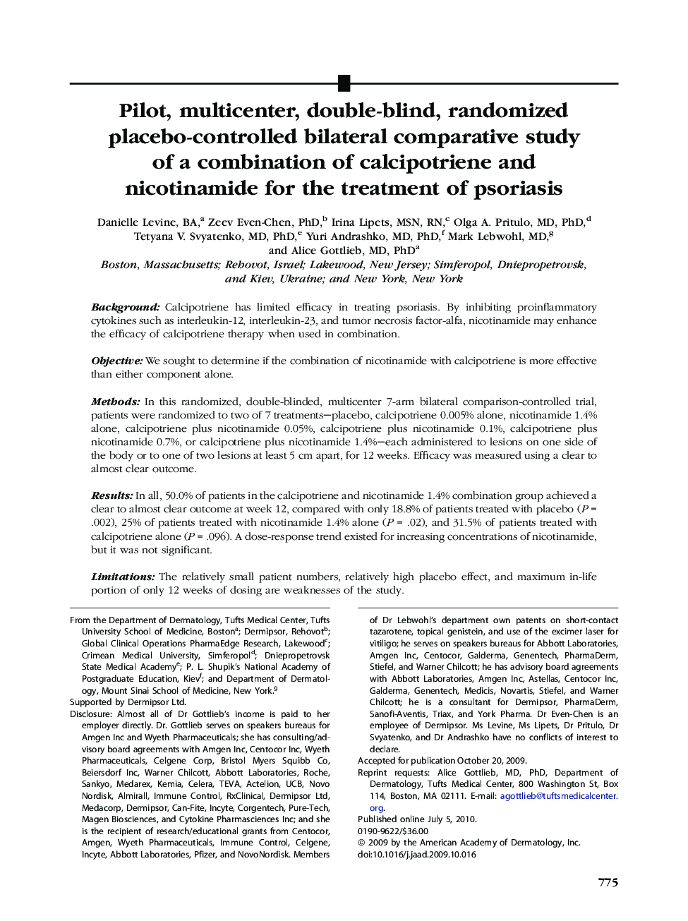 Pilot, multicenter, double-blind, randomized placebo-controlled bilateral comparative study of a combination of calcipotriene and nicotinamide for the treatment of psoriasis 