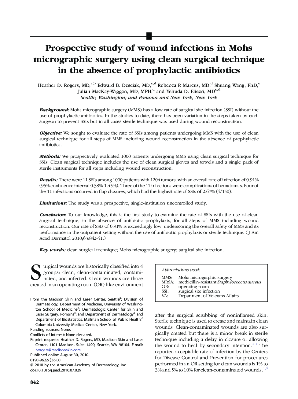 Prospective study of wound infections in Mohs micrographic surgery using clean surgical technique in the absence of prophylactic antibiotics 