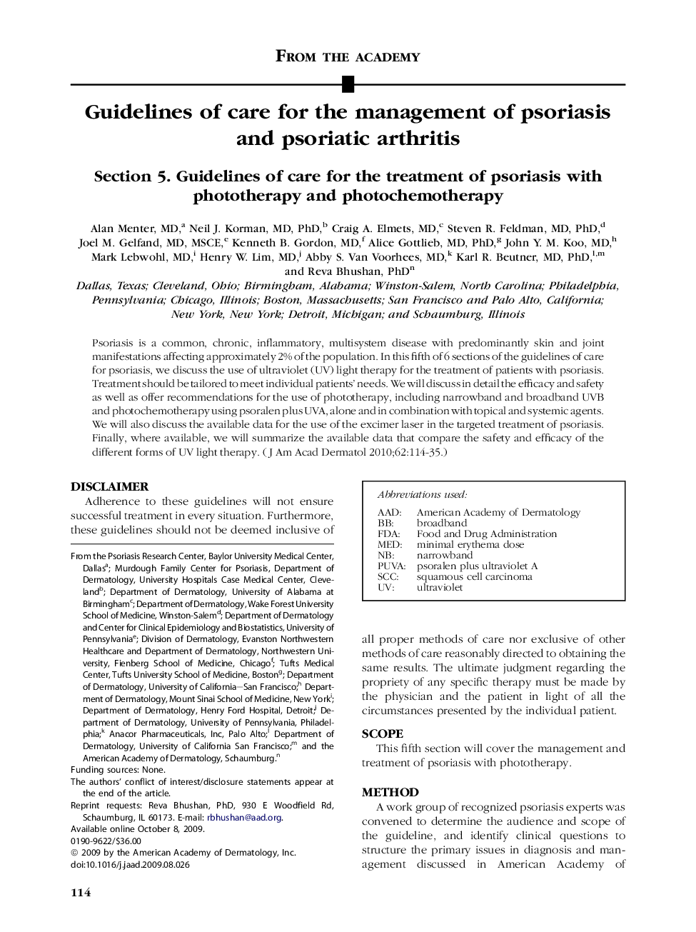 Guidelines of care for the management of psoriasis and psoriatic arthritis : Section 5. Guidelines of care for the treatment of psoriasis with phototherapy and photochemotherapy