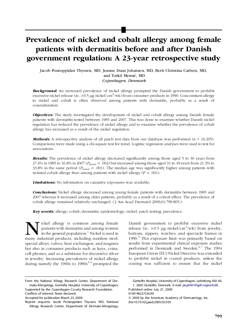 Prevalence of nickel and cobalt allergy among female patients with dermatitis before and after Danish government regulation: A 23-year retrospective study 