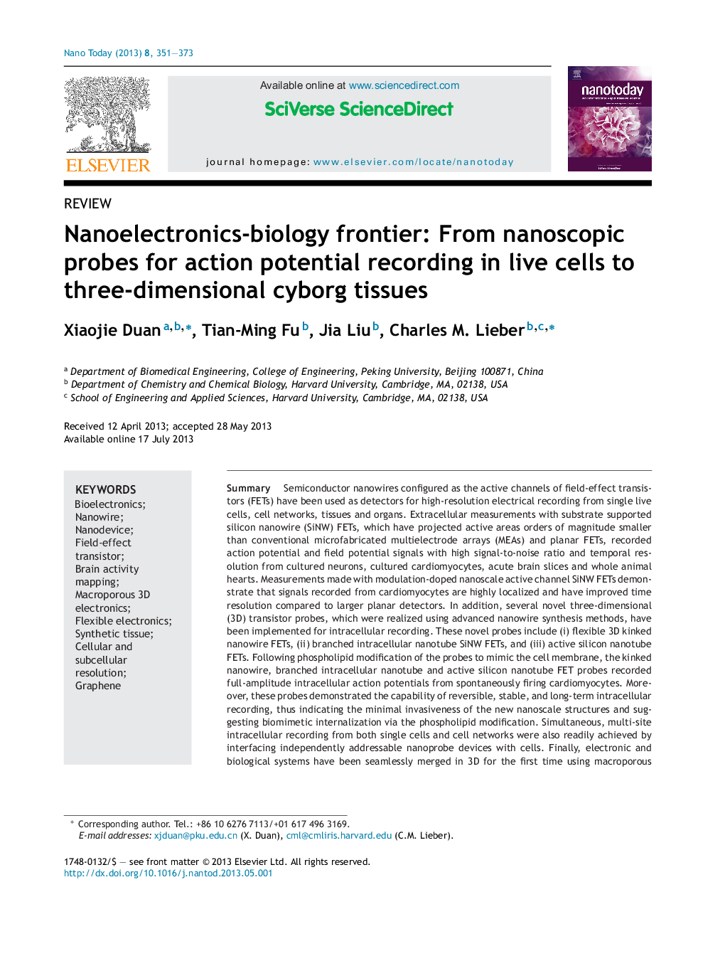 Nanoelectronics-biology frontier: From nanoscopic probes for action potential recording in live cells to three-dimensional cyborg tissues