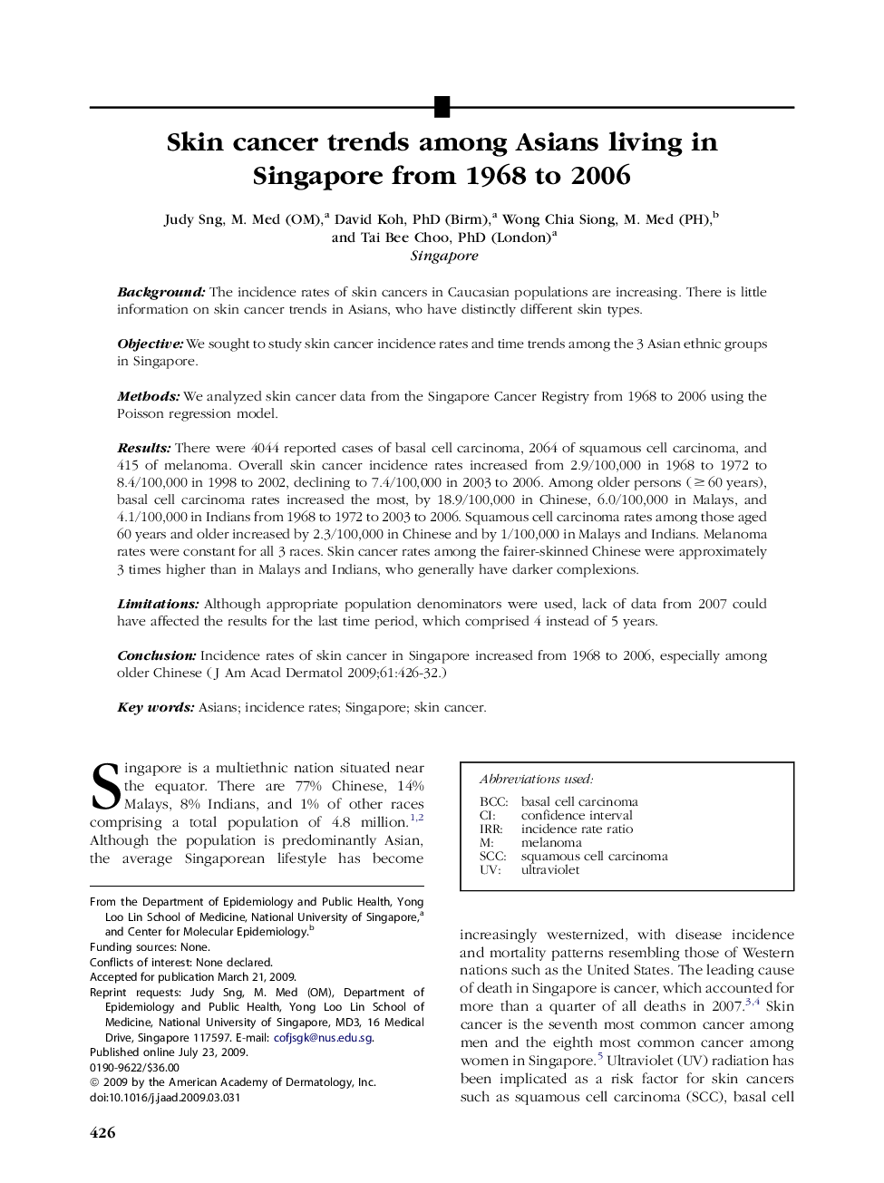 Skin cancer trends among Asians living in Singapore from 1968 to 2006 