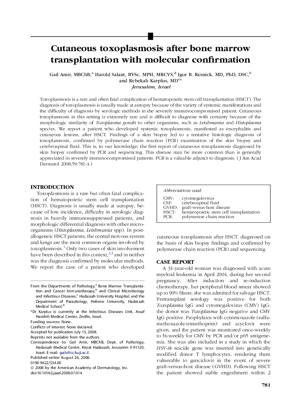 Cutaneous toxoplasmosis after bone marrow transplantation with molecular confirmation 