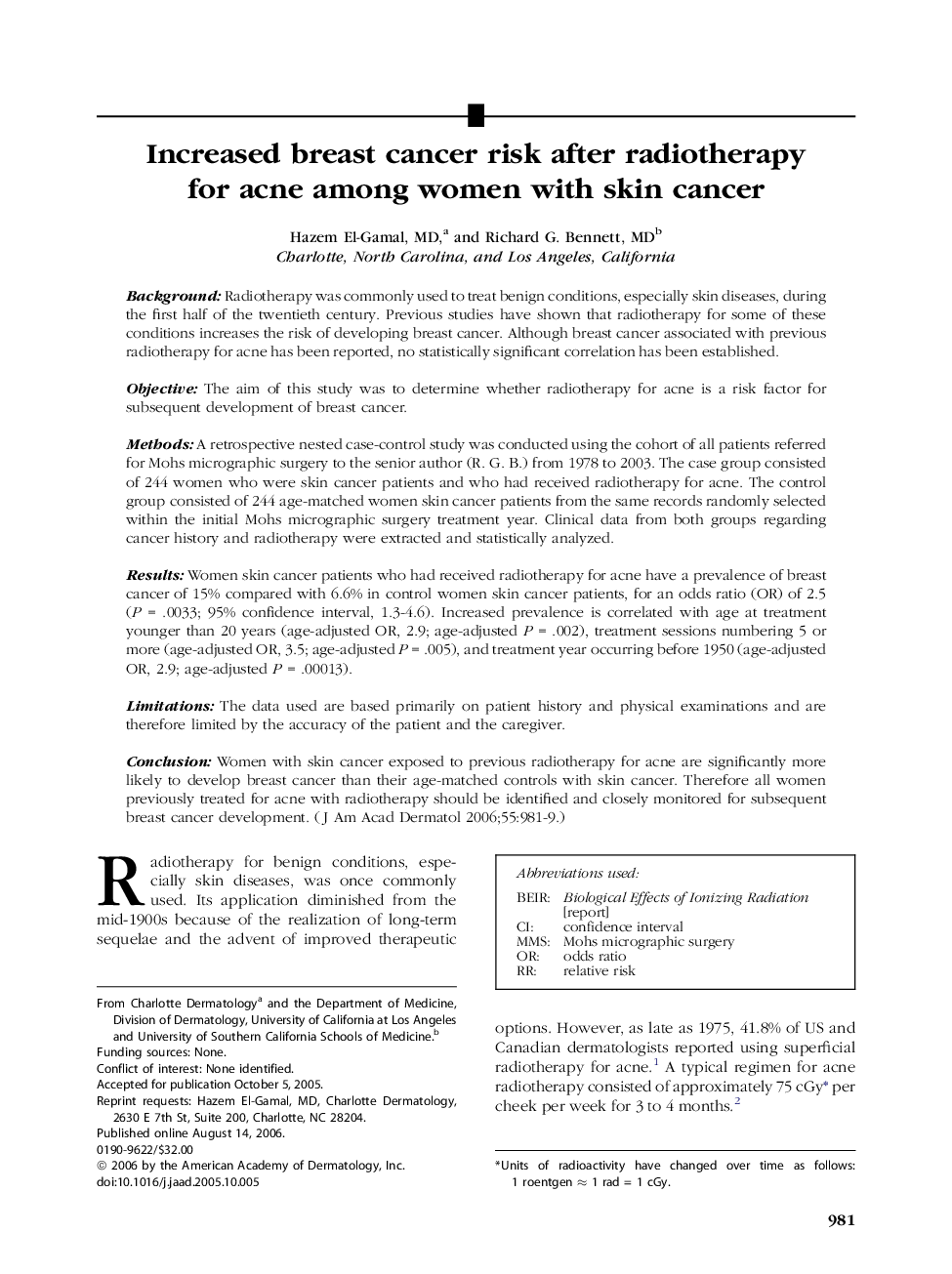 Increased breast cancer risk after radiotherapy for acne among women with skin cancer 