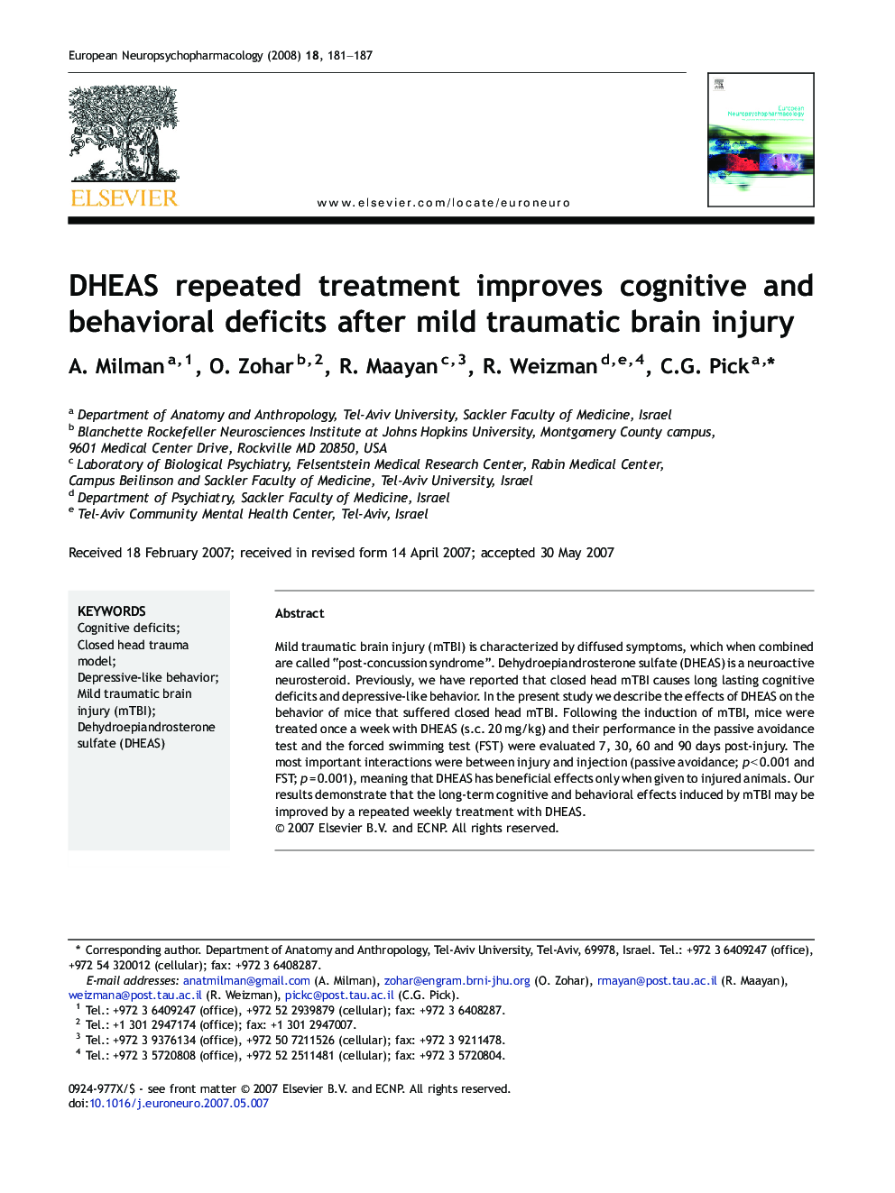 DHEAS repeated treatment improves cognitive and behavioral deficits after mild traumatic brain injury